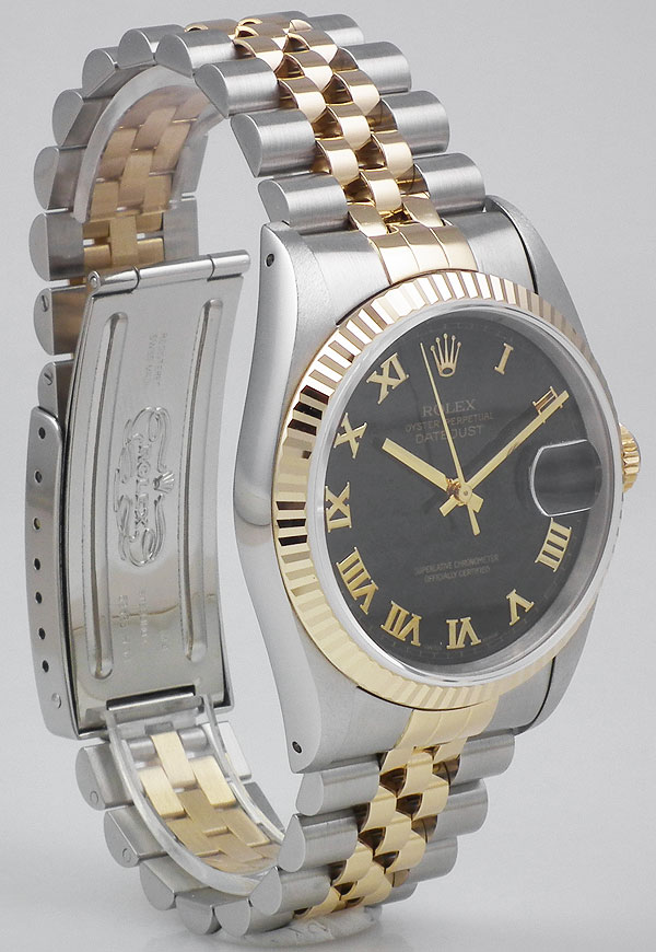 rolex datejust black pyramid roman dial 16233