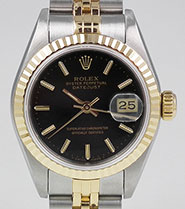 Ladies Rolex Oyster Perpetual DateJust 18K SS - Black Dial 69173