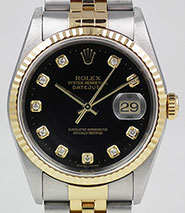 Gents Rolex Oyster Perpetual DateJust 18K/SS - Original Black Diamond-Set Dial 16233