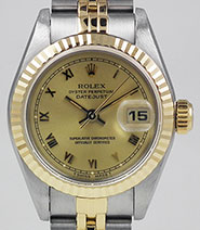 Ladies Rolex Oyster Perpetual DateJust Champagne Roman Numeral Dial 69173