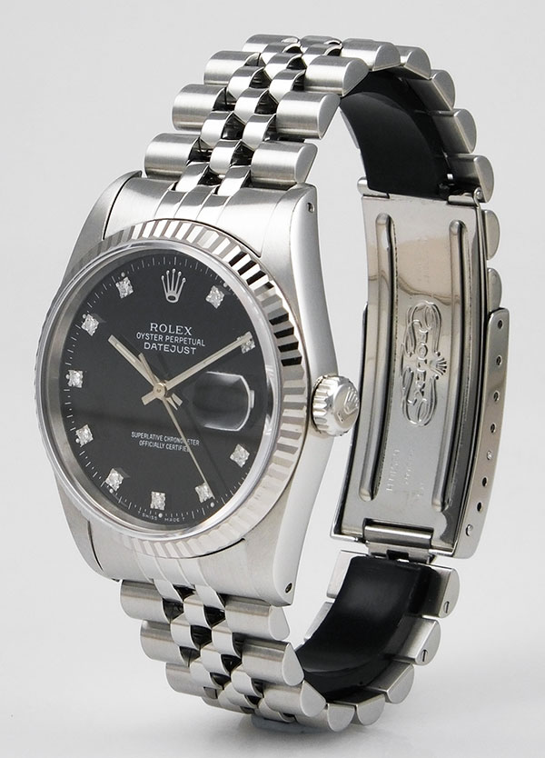 rolex oyster perpetual datejust black face with diamonds