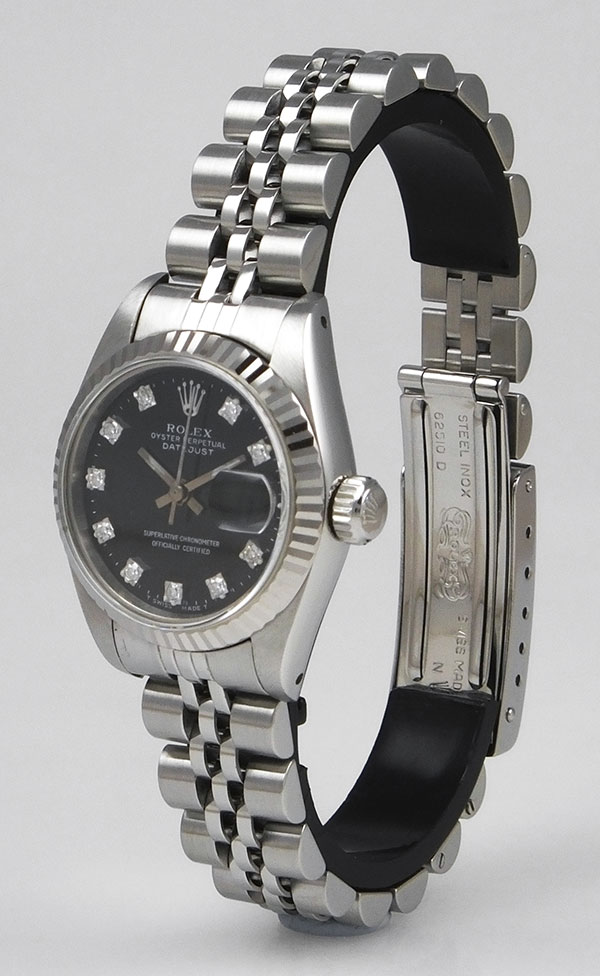 ladies rolex black face diamonds