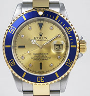 Rolex Oyster Perpetual Submariner 18K/SS Champagne Serti Dial Blue Bezel 16613